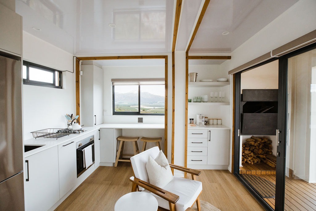 Kitchen and living area inside Luna Pod